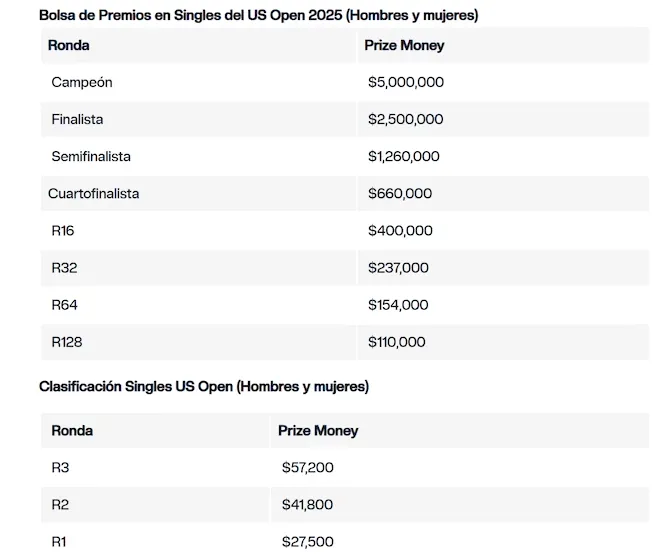 Los premios económicos en el US Open (ATP).