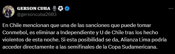 Ambos equipos podrían ser sancionados y ¿Alianza Lima a semifinales? (X @gersoncuba2603).