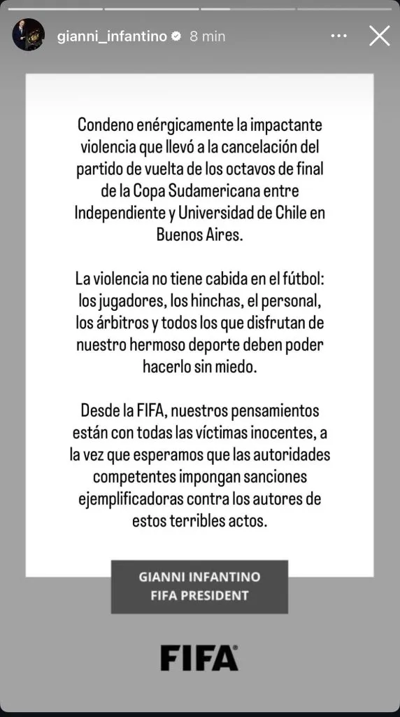 La publicación de Infantino sobre Independiente vs. U. de Chile (Instagram @gianni_infantino).