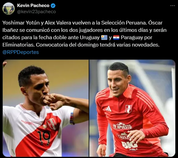 Valera y Yotún volverían a la Selección Peruana (X @kevin23pacheco).