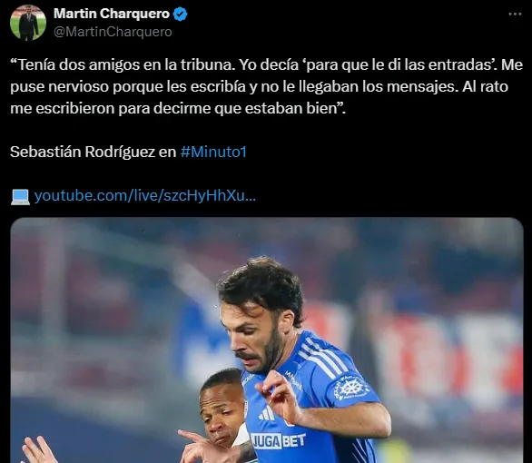 Sebastián Rodríguez sufrió por sus amigos, pero al final, lograron evitar los incidentes (X @MartinCharquero).