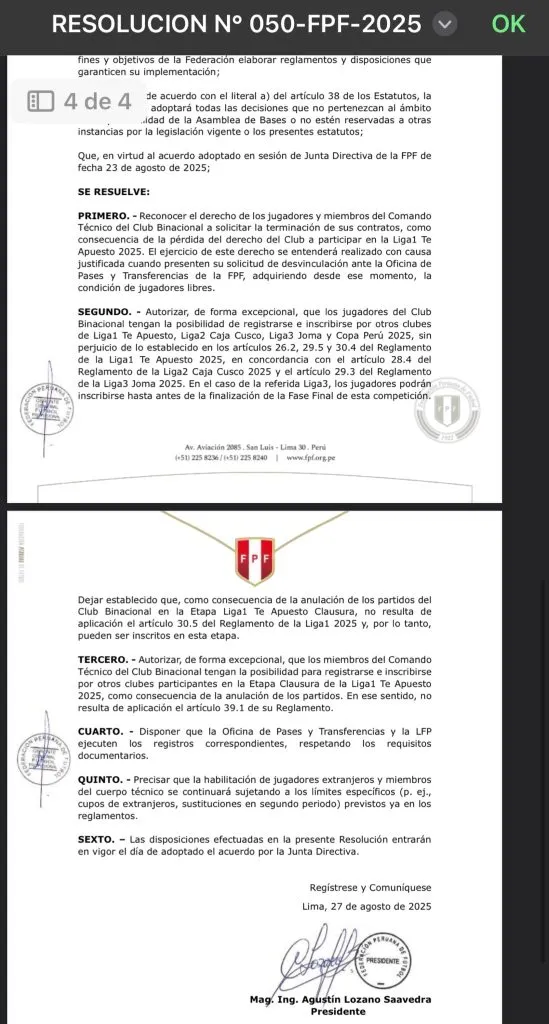 Resolución sobre el caso Deportivo Binacional. (Foto: Marcelo Bee Sellares).