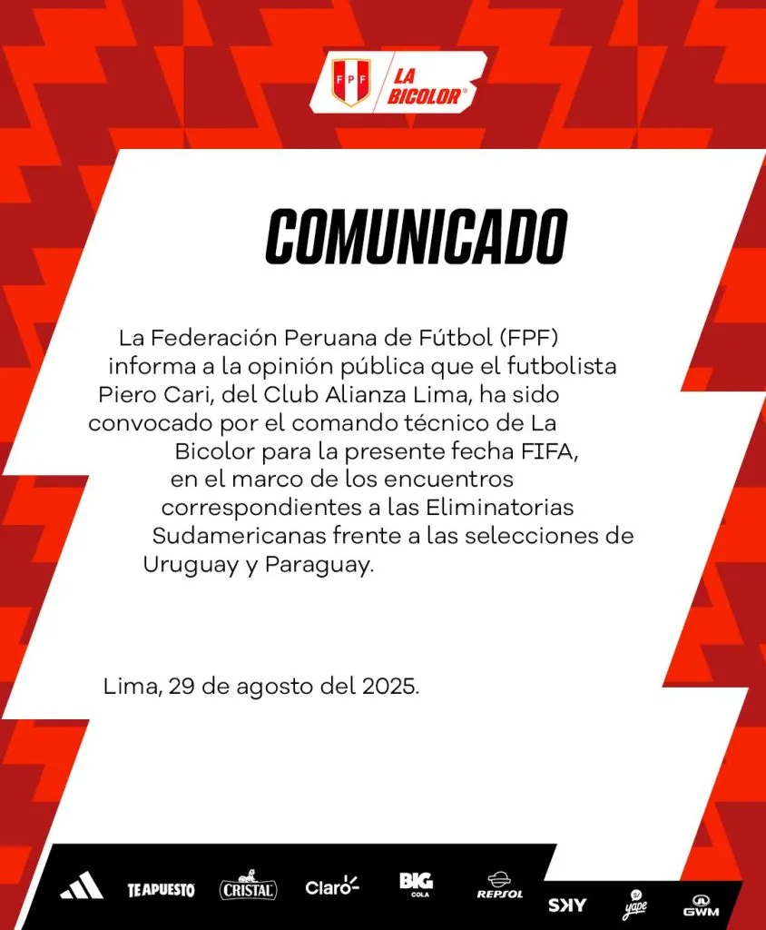 El anuncio de la convocatoria de Piero Cari a la Selección Peruana (FPF).