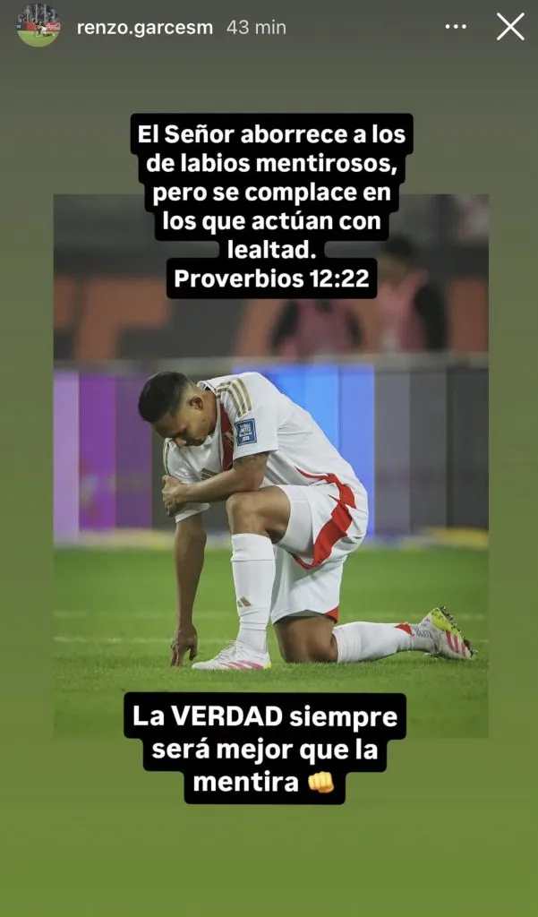 El descargo de Renzo Garcés tras el informe arbitral (Instagram @renzo.garcesm).