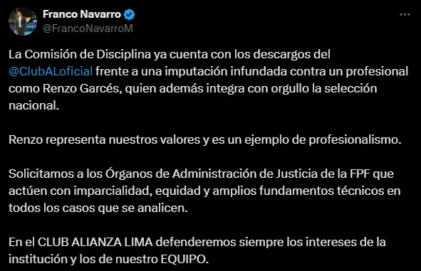 Franco Navarro Mandayo confirmó que hubo descargo de Alianza Lima por el caso de Garcés (X @FrancoNavarroM).