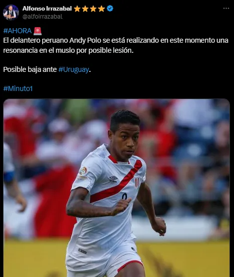 Andy Polo, con molestias en el muslo (X @alfoirrazabal).