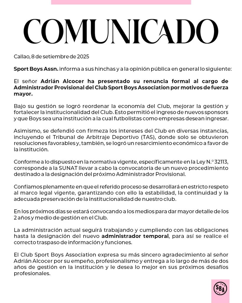 Adrián Alcócer no es más el administrador de Sport Boys (X @sportboys).