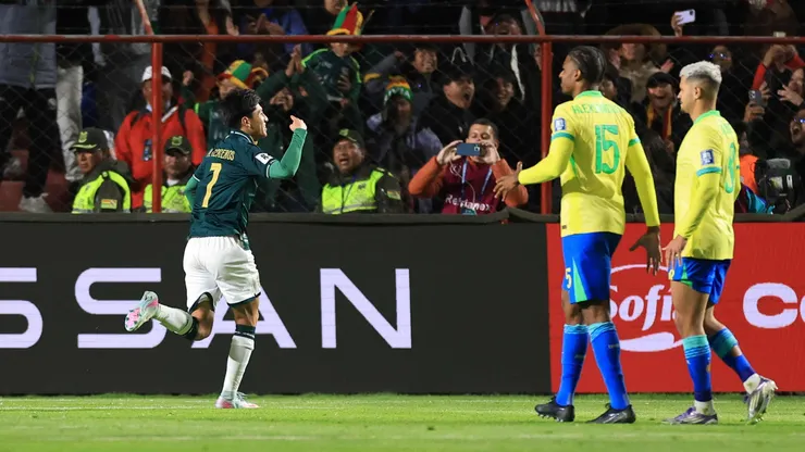 El festejo de Miguel Terceros por su gol en el triunfo de Bolivia ante Brasil.