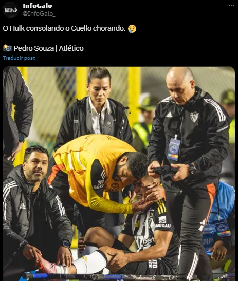 Hulk consoló a un conmocionado Cuello tras irse en camilla del campo (X @InfoGalo_).
