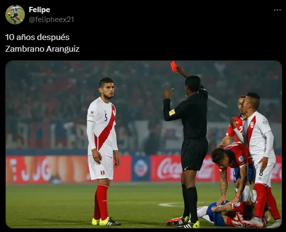 El recuerdo de la roja de Zambrano por acción contra Aránguiz en la semifinal de la Copa América 2015 (X @felipheex21).