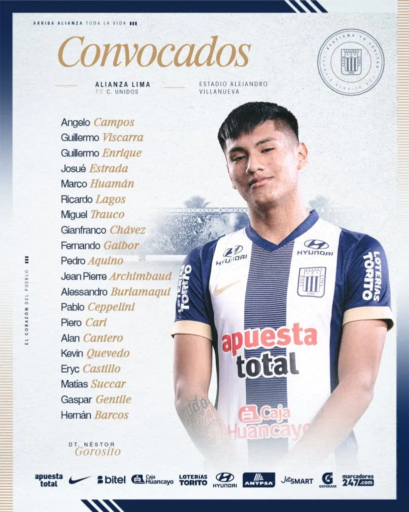 Lista de convocados de Alianza Lima ante Comerciantes Unidos (Oficial).