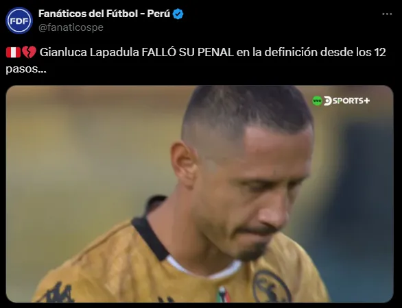Así reaccionó Lapadula tras fallar su penal (X @fanaticospe).