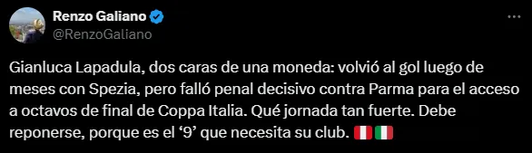 Lapadula, con una buena, pero que todo terminó mal (X @RenzoGaliano).