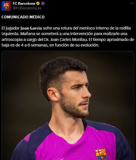 Barcelona informó sobre la lesión de Joan García (X @FCBarcelona_es).