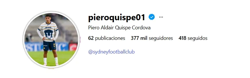Piero Quispe extraña a Pumas de México pues sigue con su foto en su perfil. (Foto: Instagram)