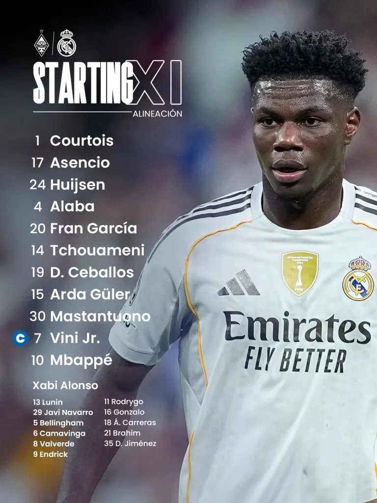 La alineación titular del Real Madrid (X @realmadrid).