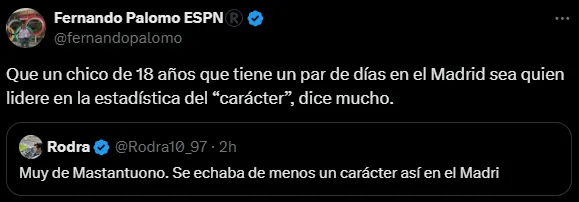 Fernando Palomo destacó el carácter de Mastantuono (X @fernandopalomo).