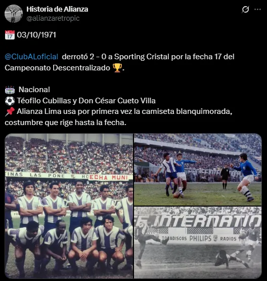 Alianza Lima usó por primera vez la camiseta blanquimorada en 1971 (X @alianzaretropic).