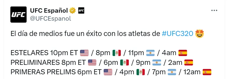 Horarios en el mundo de la UFC 320. (Foto: UFC)