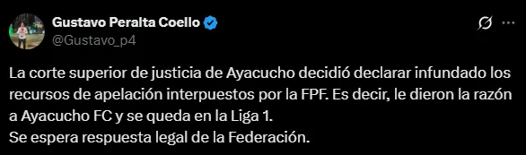 La Justicia le dio la razón a Ayacucho FC (X @Gustavo_p4).