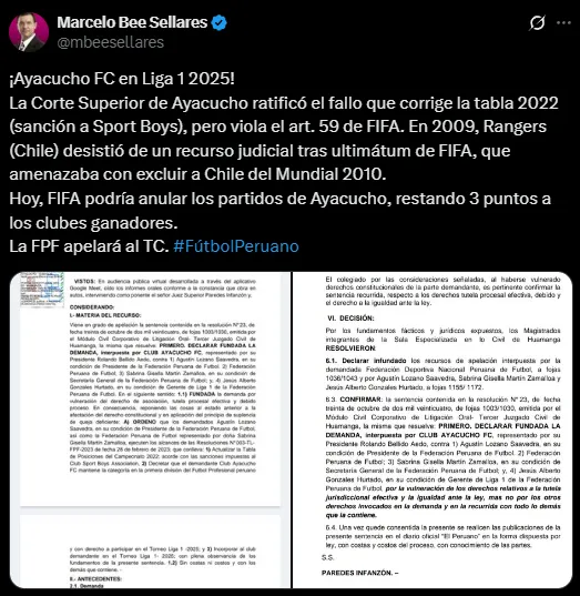 El abogado Marcelo Bee Sellares explicó por qué el caso Ayacucho FC afecta a FIFA (X @mbeesellares).