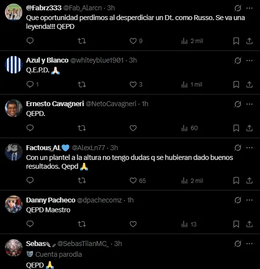 Comentarios de hinchas de Alianza Lima por la muerte de Russo (X @ClubALoficial).