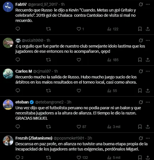 Comentarios de hinchas de Alianza Lima por la muerte de Russo (X @ClubALoficial).