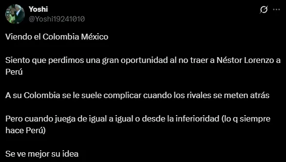 El hincha peruano respeta mucho a Néstor Lorenzo (X @Yoshi19241010).