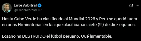 Culpan a Lozano del fracaso de Perú (X @ErrorArbitralTR).