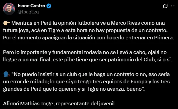 Marco Rivas, pretendido en Perú y en Europa y Tigre podría perderlo (X @IsaqEzq).