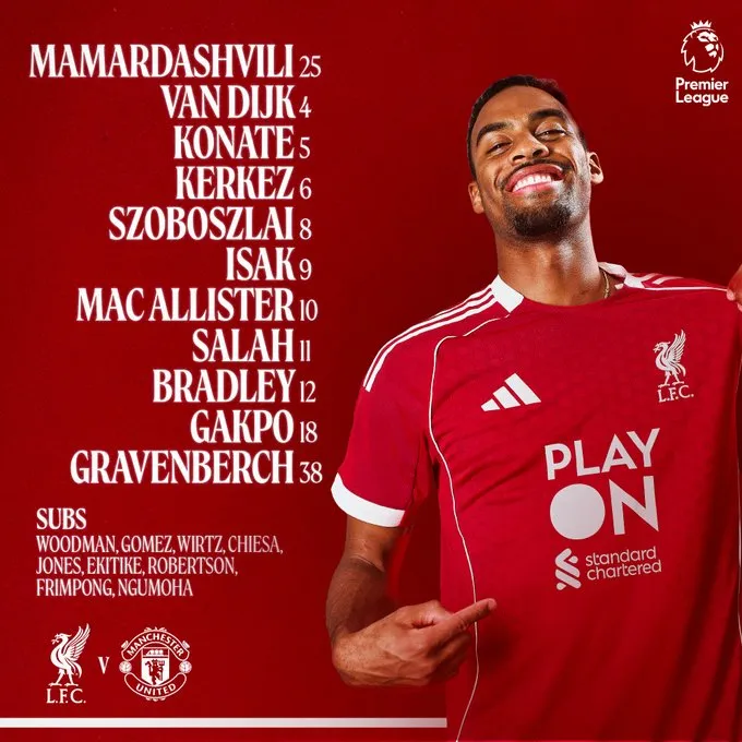 Alineación titular del Liverpool ante Manchester United (X @LFC).