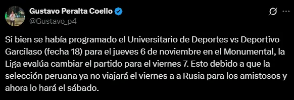 Universitario vs. Deportivo Garcilaso tendría nueva fecha (X @Gustavo_p4).