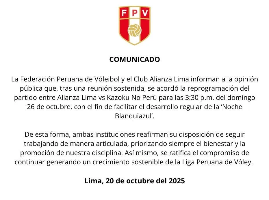 El comunicado de la FPV sobre Alianza Lima vs. Kazoku No Perú (Oficial).