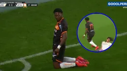 Juan Lucumí y su festejo tras el gol y haber dejado a Riveros en el suelo.