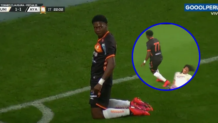 Juan Lucumí y su festejo tras el gol y haber dejado a Riveros en el suelo.