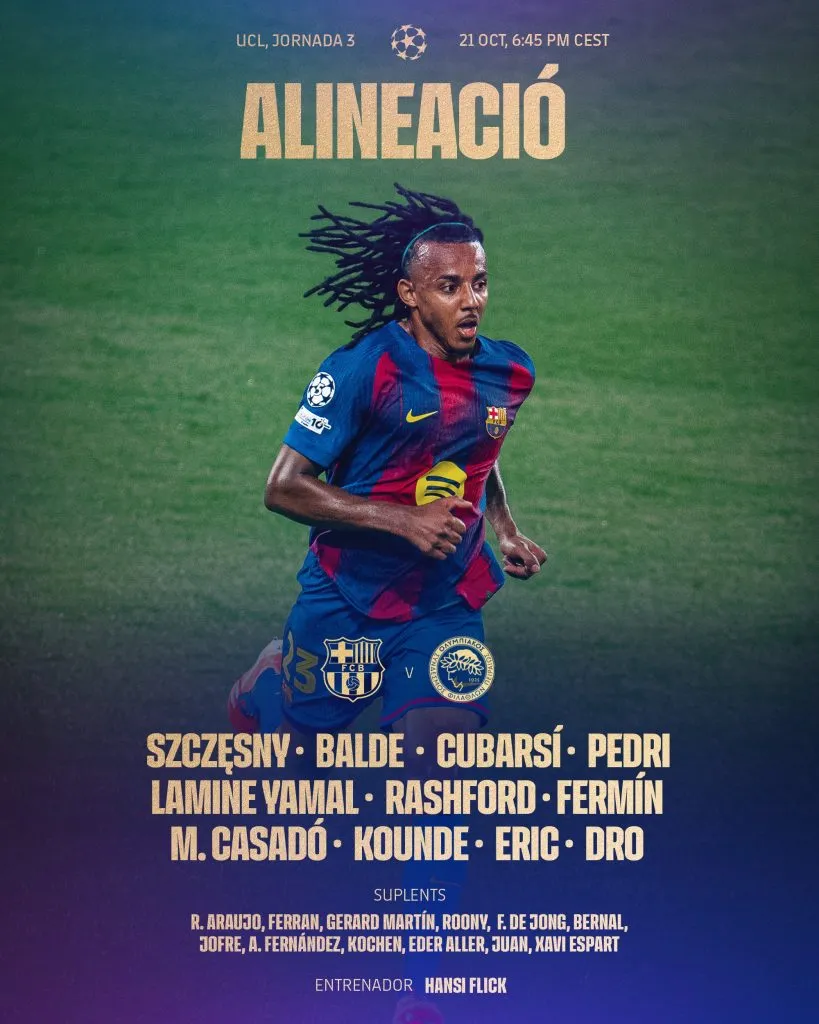 Alineación del Barcelona ante Olympiacos (X @FCBarcelona_es).