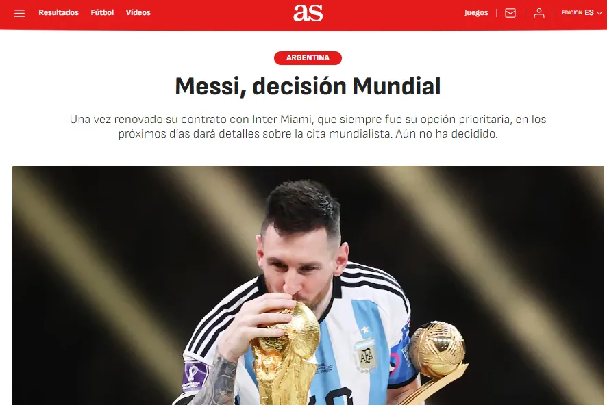 La publicación del diario AS que pone en duda a Messi en el Mundial (Diario AS).