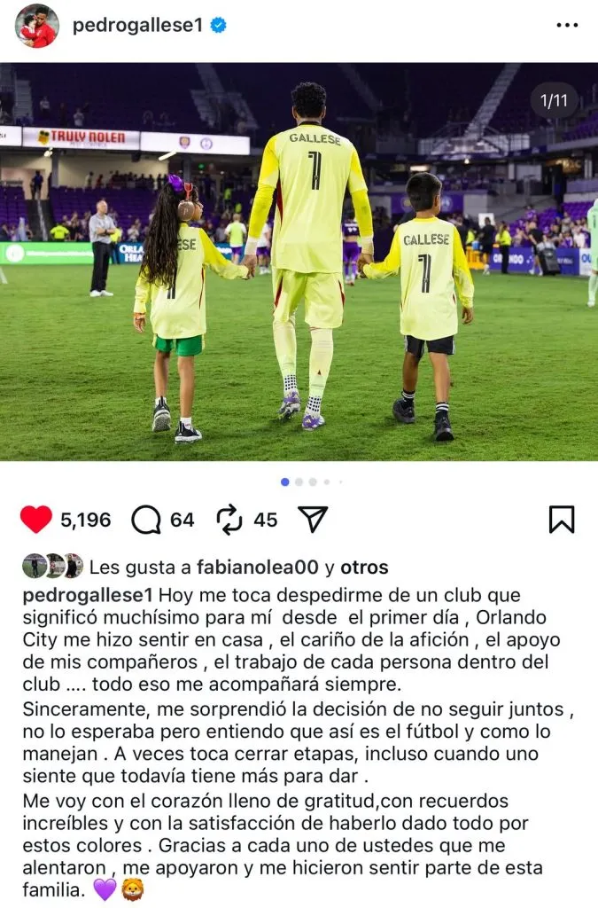 Despedida de Pedro Gallese a través de Instagram (Captura).