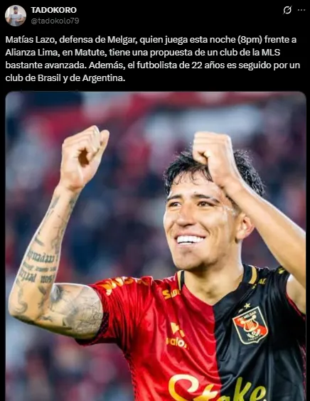La situación de Matías Lazo con la MLS, Brasil y Argentina interesados (X @tadokolo79).