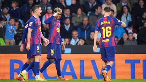 Jugadores de FC Barcelona celebrando hoy ante Celta de Vigo.