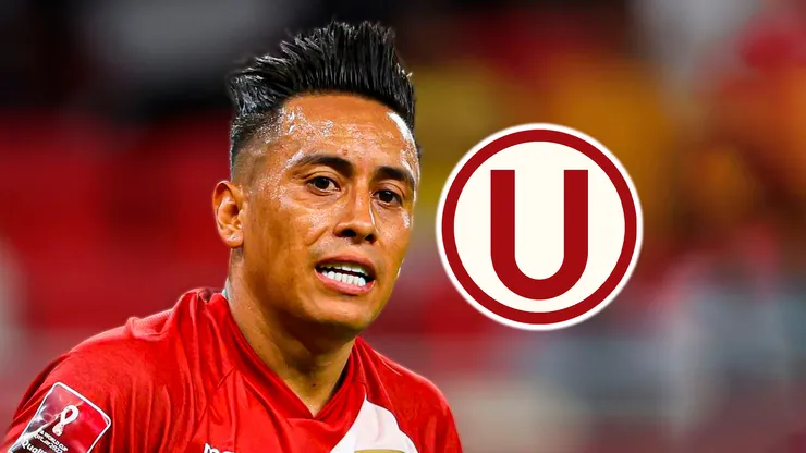 Christian Cueva y el escudo de Universitario.