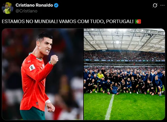 Cristiano Ronaldo y su reacción por la clasificación al Mundial 2026 (X @Cristiano).