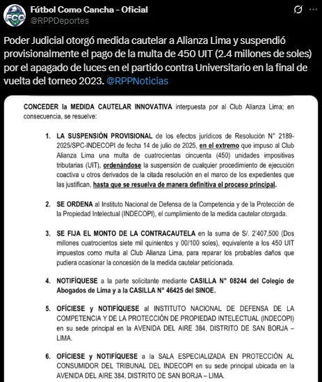 La decisión del Poder Judicial de otorgar la medida cautelar para Alianza Lima (RPP).