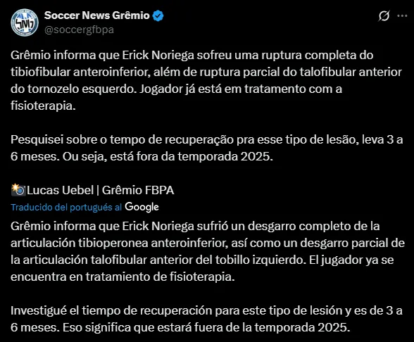 Tiempo de recuperación de Erick Noriega (Foto: X).