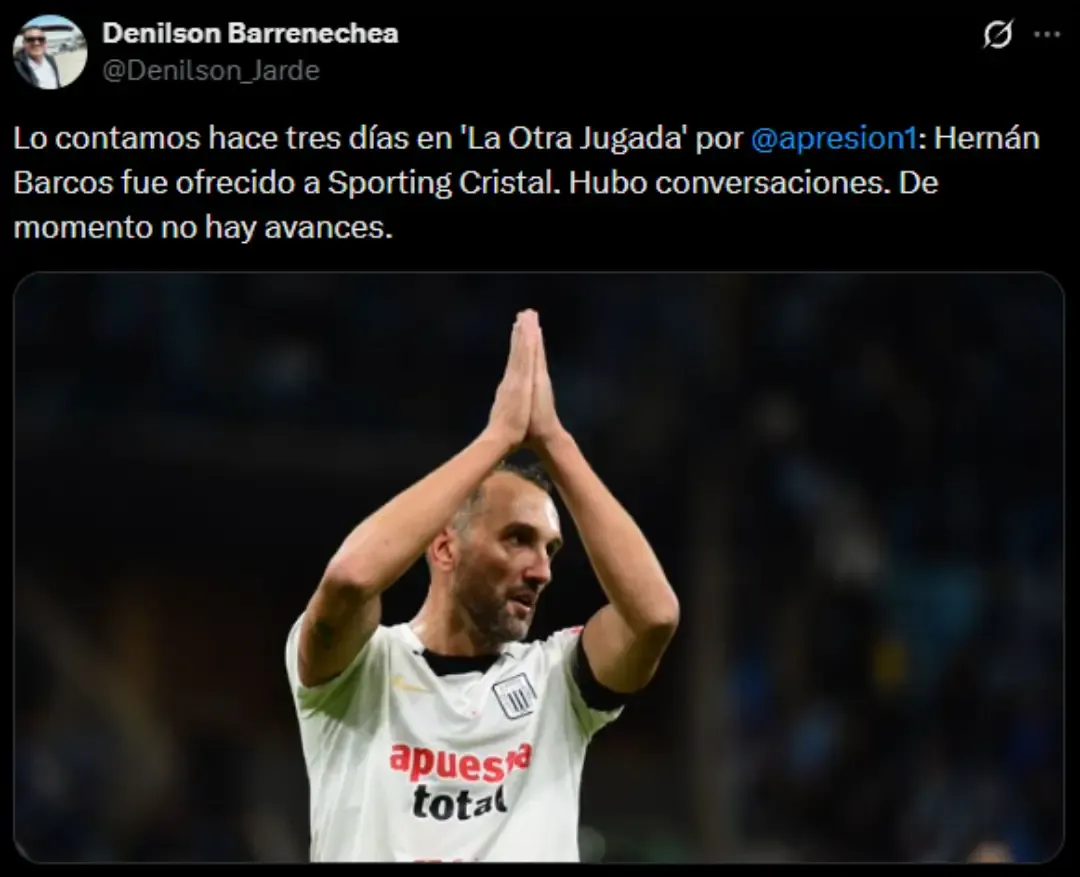 Denilson Barrenechea reveló que Hernán Barcos fue ofrecido a Sporting Cristal (X @Denilson_Jarde).