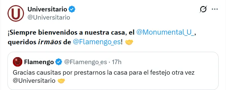 ‘U’ aceptó que Flamengo llame “la casa” al Monumental. (Foto: X)