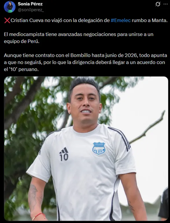 Christian Cueva saldría de Emelec (Foto: X  Sonia Pérez).