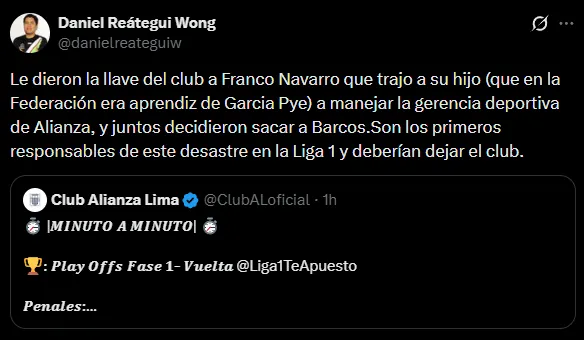 Critican a Franco Navarro por la salida de Barcos (X @danielreateguiw).