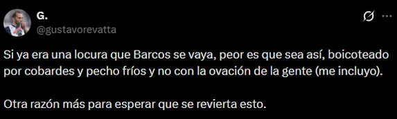 Cuestionan que hayan “boicoteado” el adiós a Barcos (X @gustavorevatta).