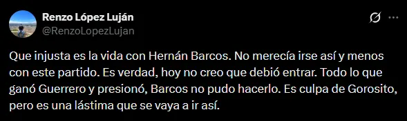 Se lamentan porque Barcos no tuvo una despedida acorde (X @RenzoLopezLujan).